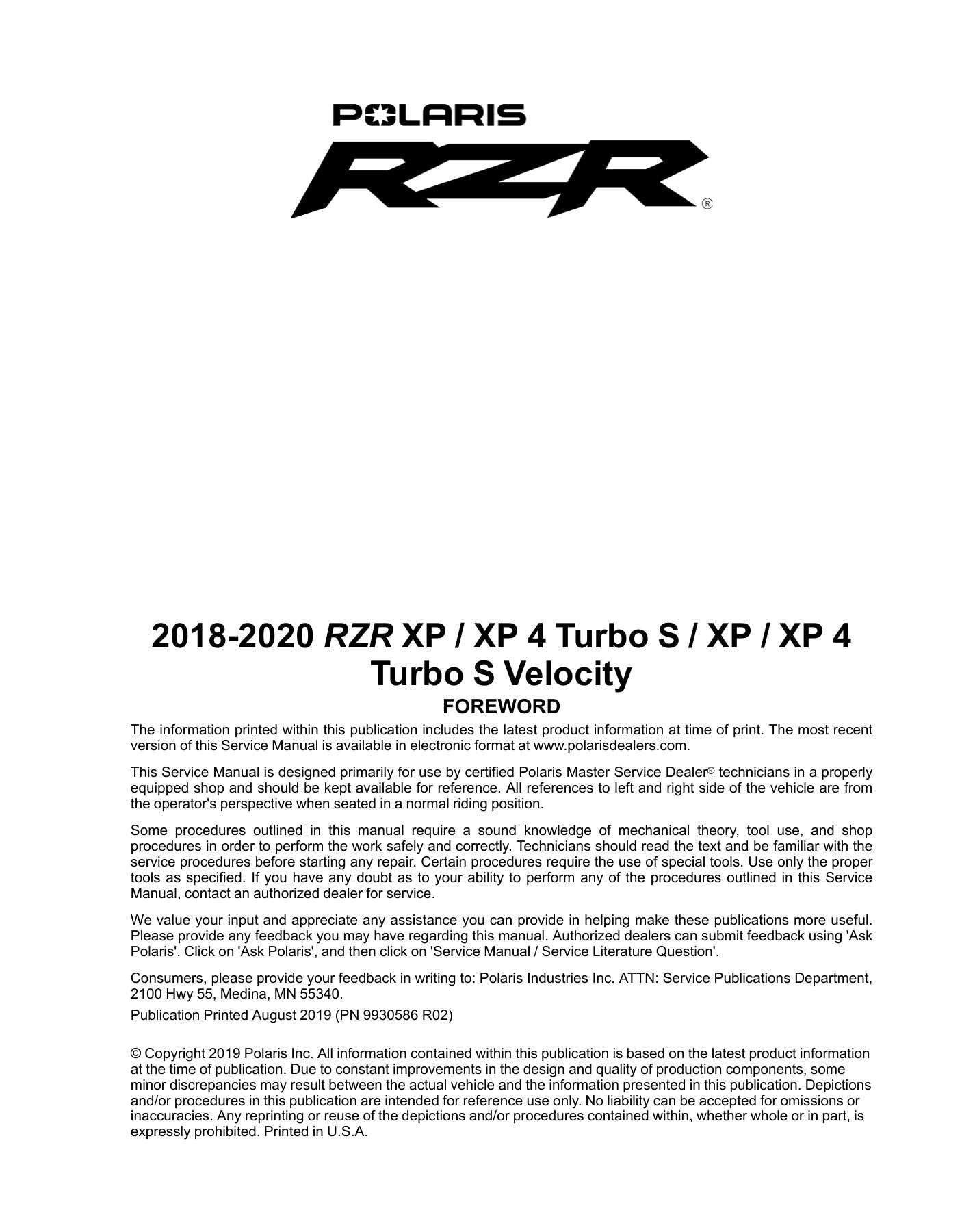 Polaris RZR XP Turbo S UTV Service Manual | 2018-2020 - sample page 1
