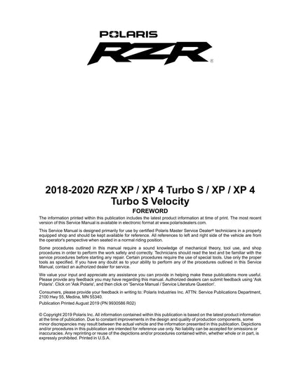 Polaris RZR XP Turbo S UTV Service Manual | 2018-2020 - sample page 1