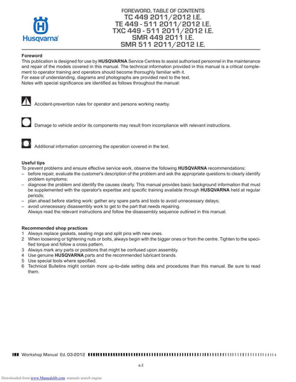 Husqvarna TC TE TXC smr 449 511 Motorcycle Service Manual | 2011-2012 - sample page 8