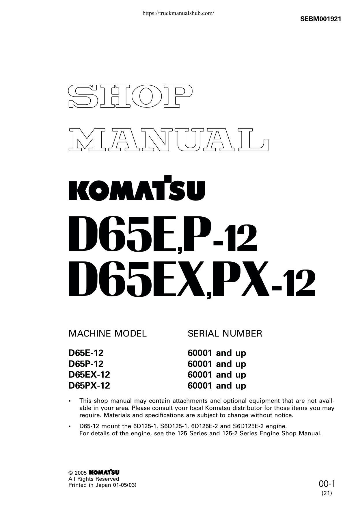 Komatsu D65E D65P D65EX D65PX-12 Dozer Service Manual | 2001-2005 - sample page 1