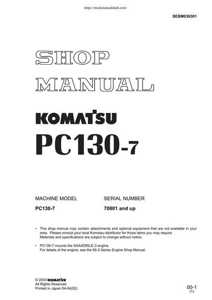 Komatsu PC130-7 Excavator Service Manual | 2004-2008 - sample page 1