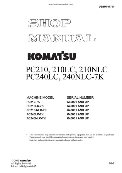 Komatsu PC210 PC240-7K Excavator Service Manual | 2002-2006 - sample page 1