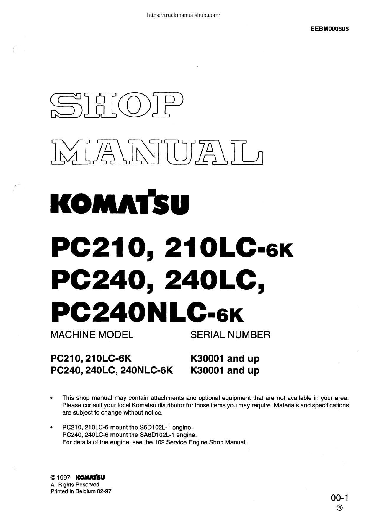 Komatsu PC210 PC240 6K Excavator Service Manual | 1997-2001 - sample page 1