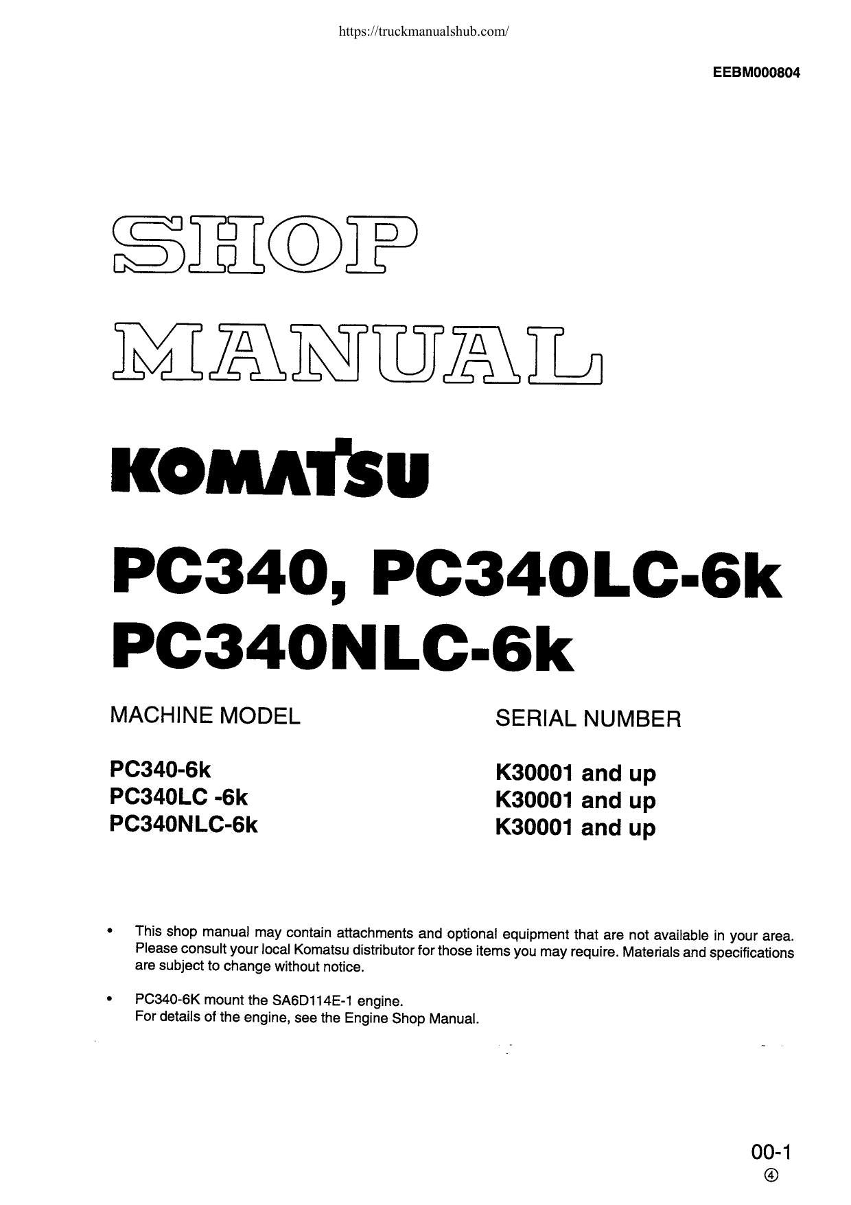 Komatsu PC340-6K PC340LC PC340NLC Excavator Service Manual | 1996-2000 - sample page 1