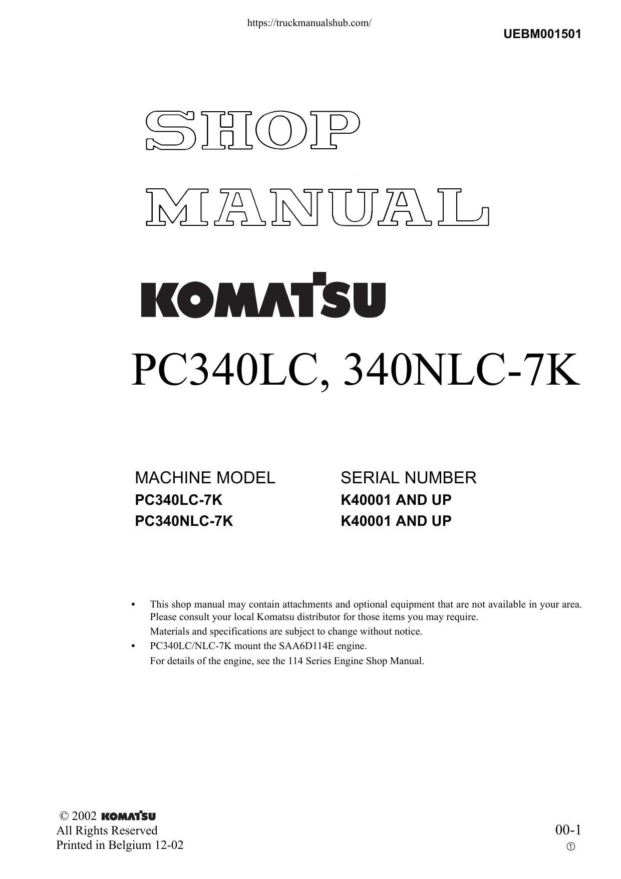 Komatsu PC340LC PC340NLC 7K Excavator Service Manual | 2002-2006 - sample page 1