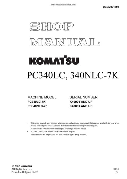 Komatsu PC340LC PC340NLC 7K Excavator Service Manual | 2002-2006 - sample page 1
