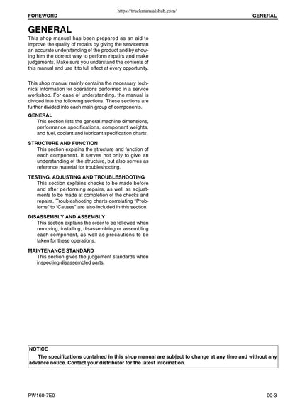Komatsu PW160-7E0 Wheeled Excavator Service Manual | 2007-2011 - sample page 8