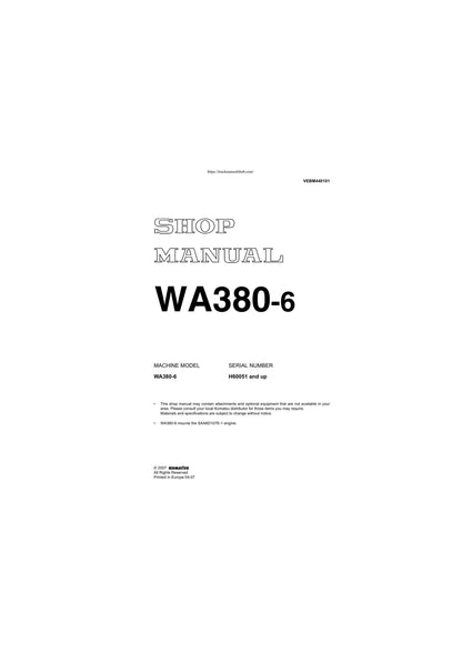 Komatsu WA380-6 Wheel Loader Service Manual | 2007-2011 - sample page 1