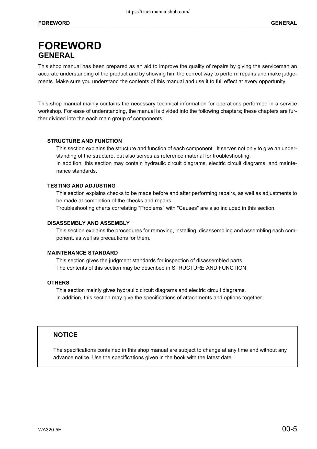 Komatsu WA320-5H Wheel Loader Service Manual | 2003-2007 - sample page 8