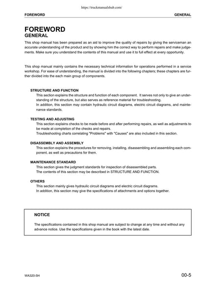 Komatsu WA320-5H Wheel Loader Service Manual | 2003-2007 - sample page 8