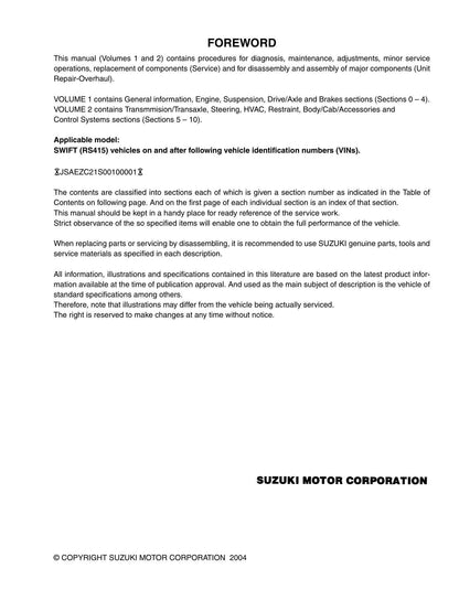 Suzuki Swift RS415 Car Service Manual | 2004-2008 - sample page 3