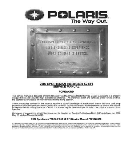 Polaris Sportsman 700 800 X2 EFI ATV Service Manual | 2007-2011 - sample page 1