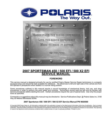 Polaris Sportsman 450 500 EFI X2 ATV Service Manual | 2007-2011 - sample page 1