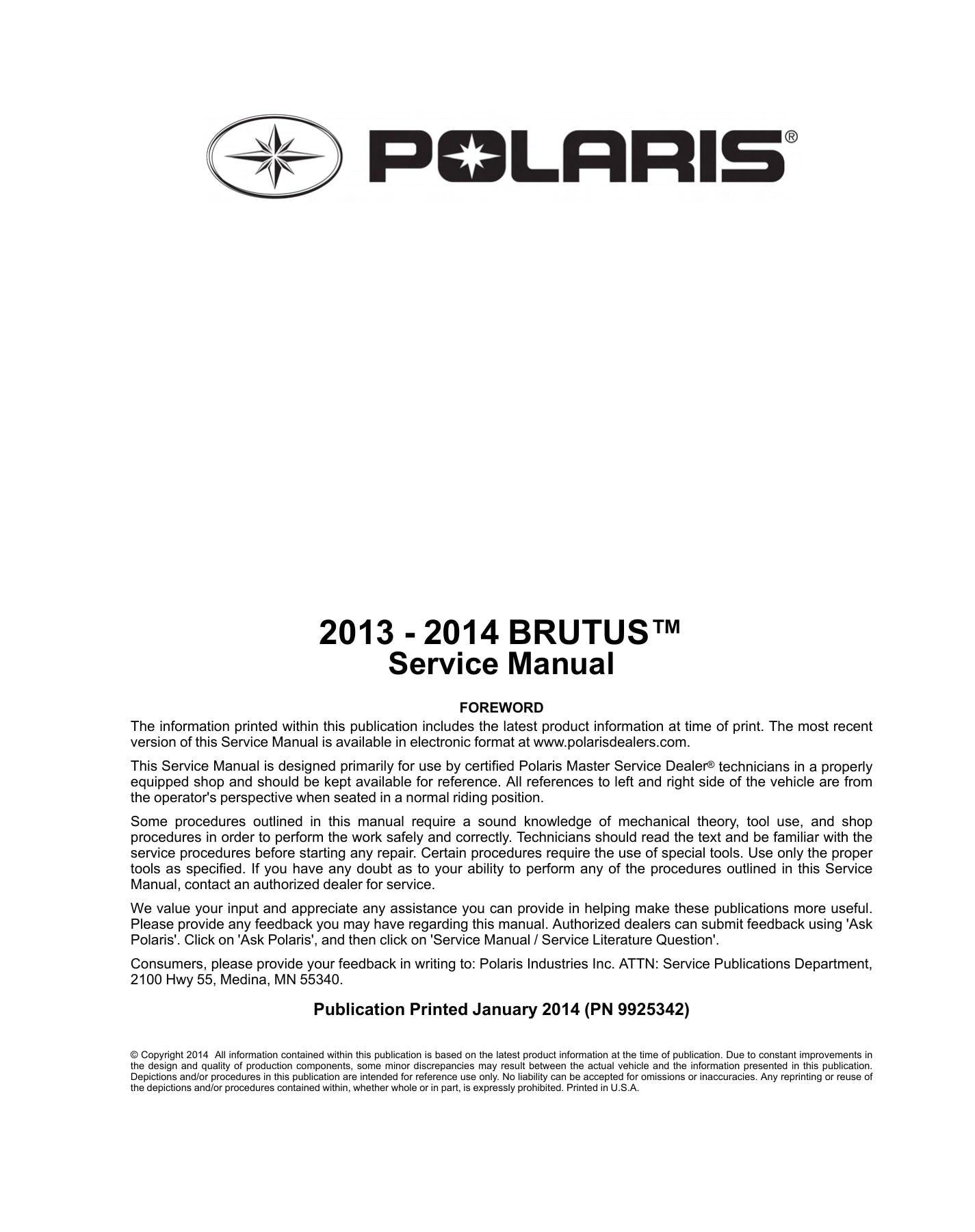 Polaris Brutus UTV Service Manual | 2013-2014 - sample page 2