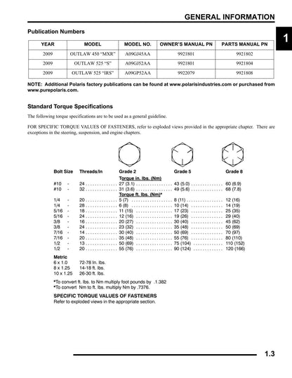 Polaris Outlaw 450 525 ATV Service Manual | 2009-2013 - sample page 4