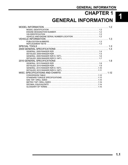 Polaris Ranger RZR RZR S UTV Service Manual | 2009-2010 - sample page 1