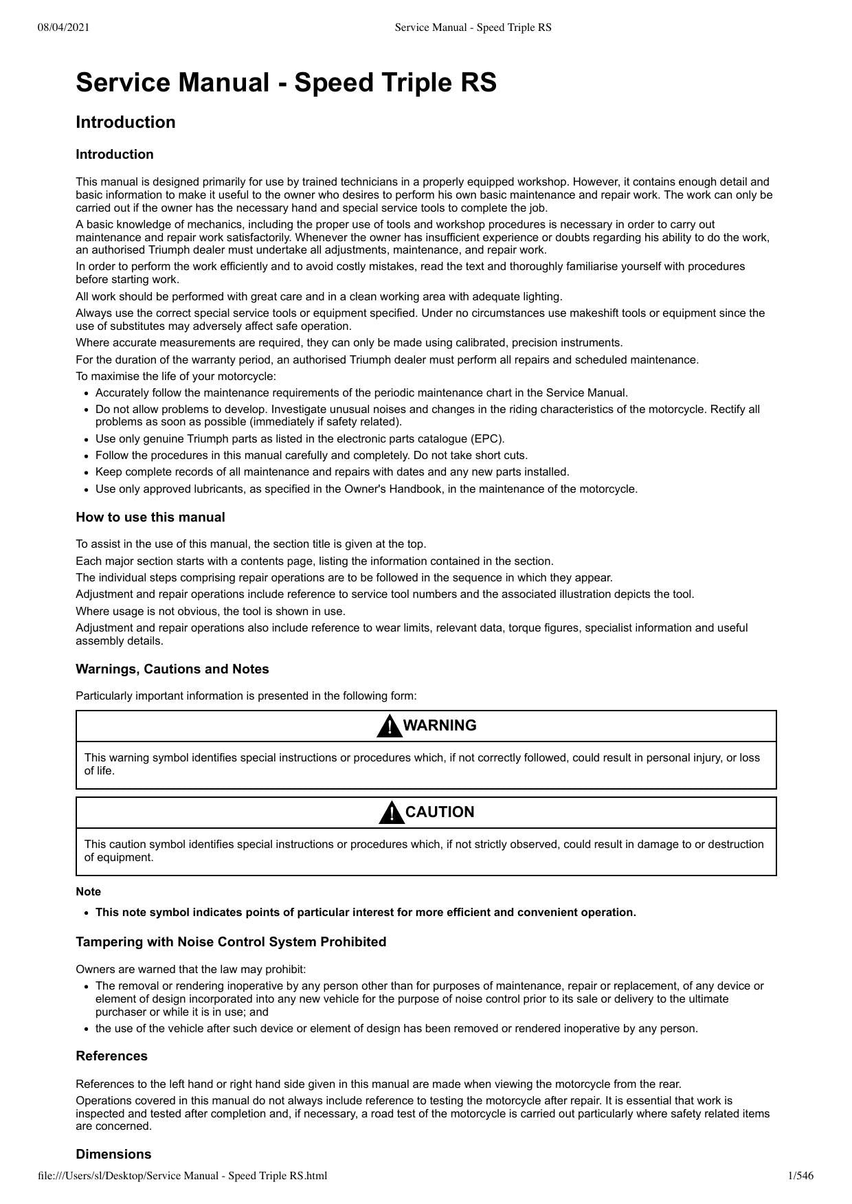Triumph Speed Triple RS Motorcycle Service Manual | 2018-2022 - sample page 2