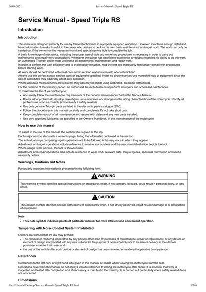 Triumph Speed Triple RS Motorcycle Service Manual | 2018-2022 - sample page 2