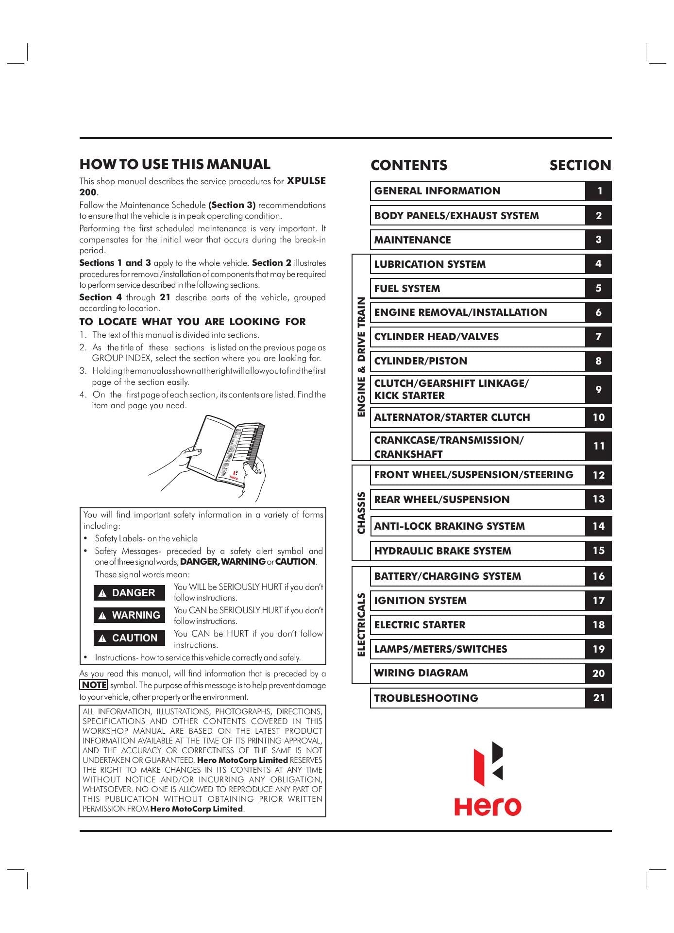 Hero Xpulse 200 200T Motorcycle Service Manual | 2019-2023 - sample page 2
