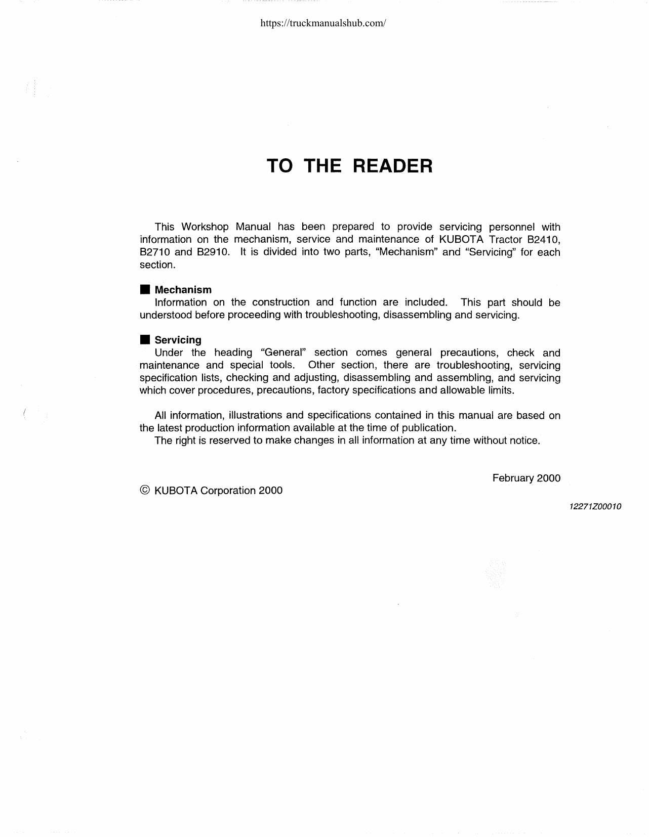Kubota B2410 B2710 B2910 Tractor Service Manual | 2000-2004 - sample page 3