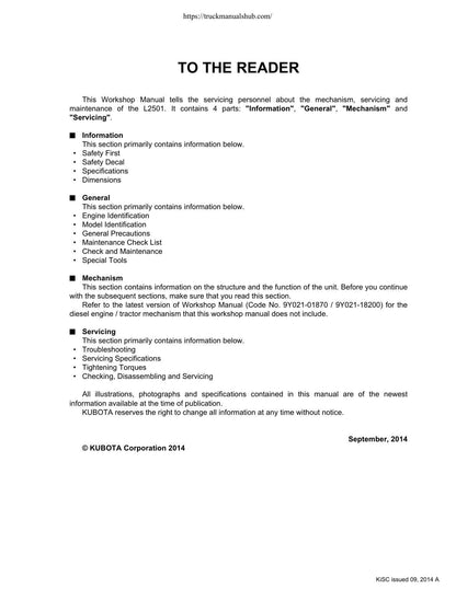 Kubota L2501 Tractor Service Manual | 2014-2018 - sample page 3