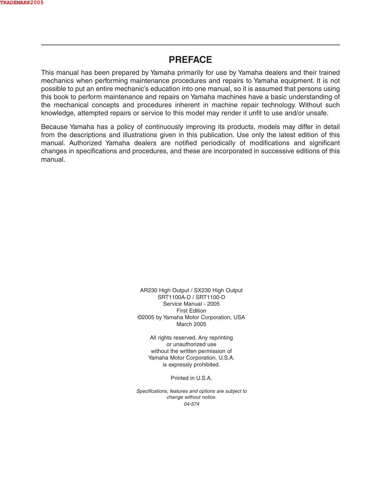 Yamaha AR230 SX230 High Output Motorcycle Service Manual | 2005-2009 - sample page 3