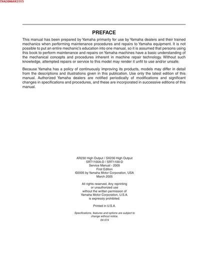 Yamaha AR230 SX230 High Output Motorcycle Service Manual | 2005-2009 - sample page 3