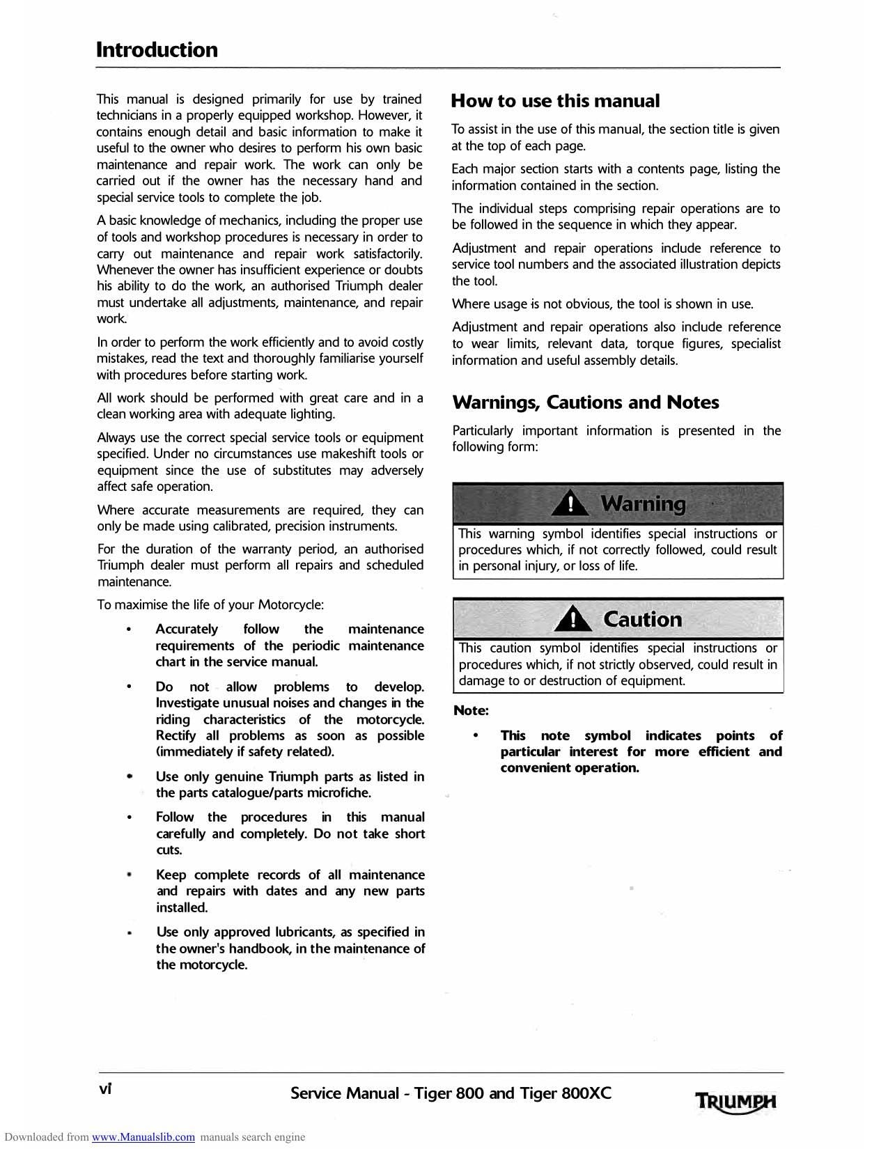 Triumph Tiger 800 800XC Motorcycle Service Manual | 2011-2015 - sample page 4