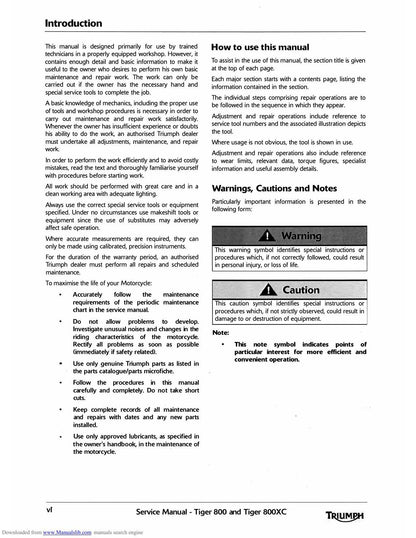Triumph Tiger 800 800XC Motorcycle Service Manual | 2011-2015 - sample page 4