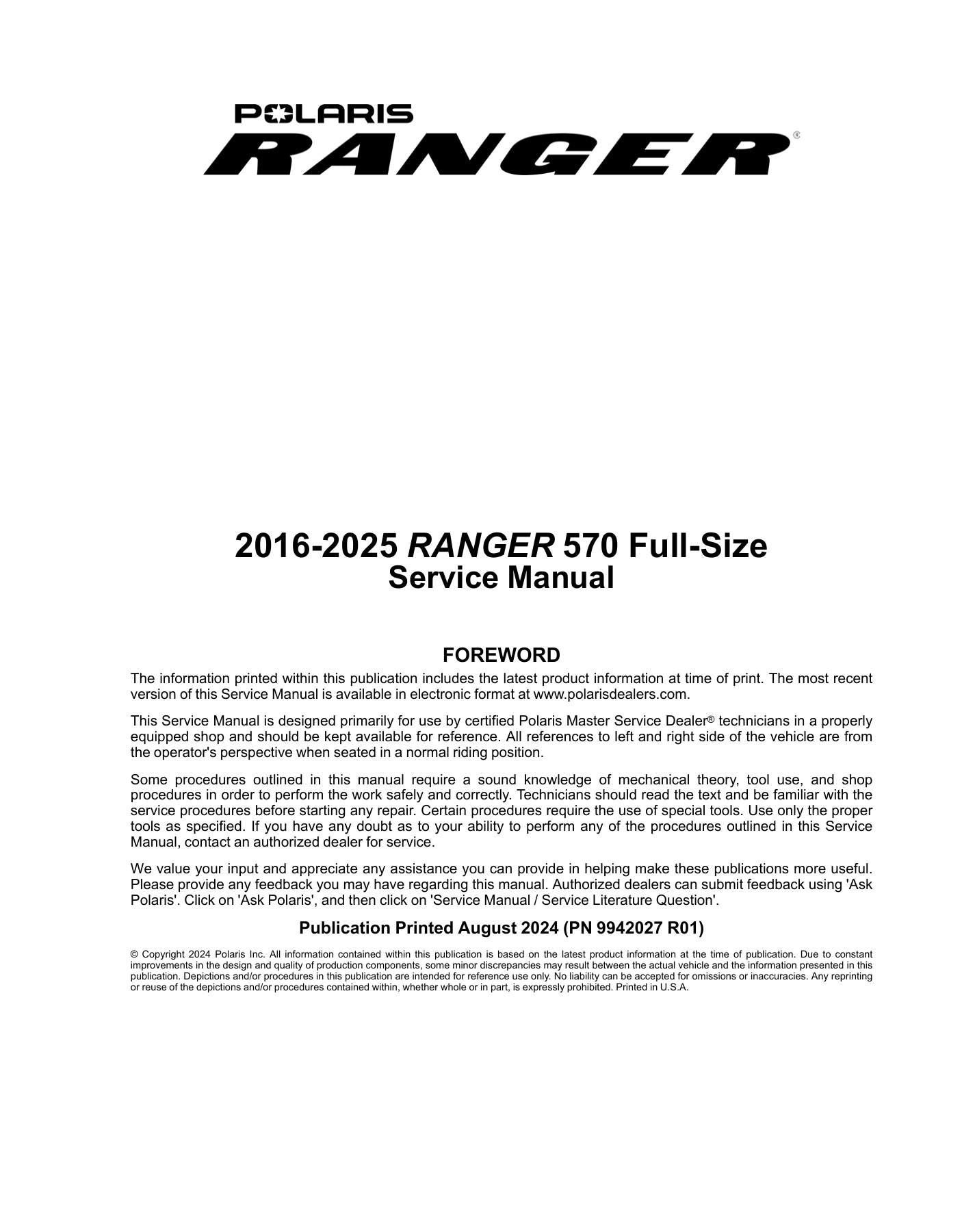Polaris Ranger 570 UTV Service Manual | 2016-2025 - sample page 2