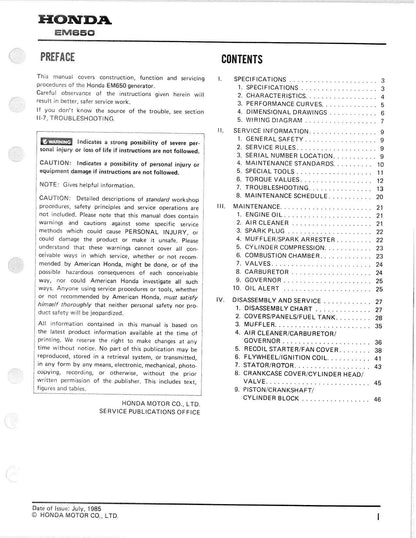 Honda EM650 Generator Service Manual | 1985-1989 - sample page 5
