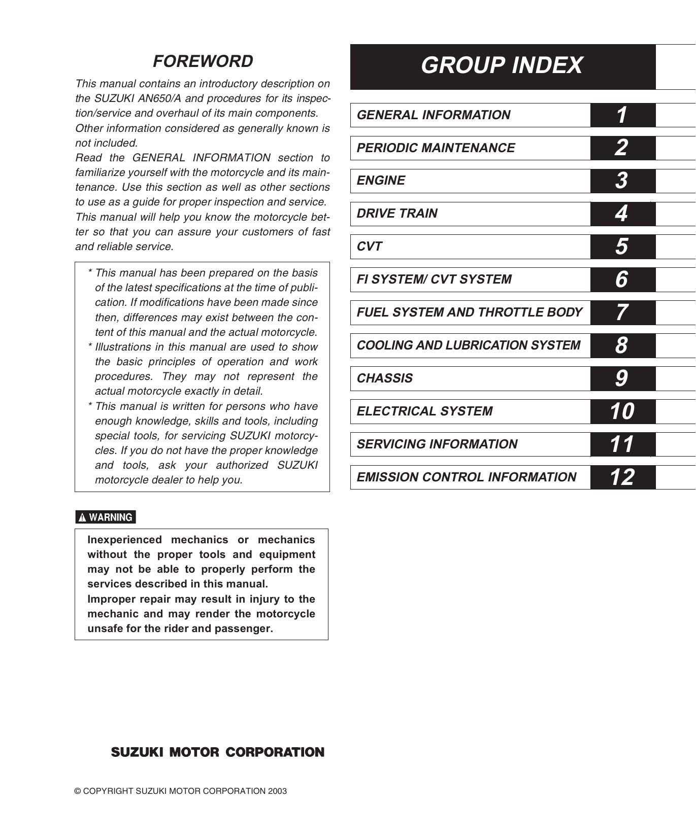Suzuki AN650 Burgman 650 Scooter Service Manual | 2003-2009 - sample page 1