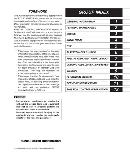 Suzuki AN650 Burgman 650 Scooter Service Manual | 2003-2009 - sample page 1