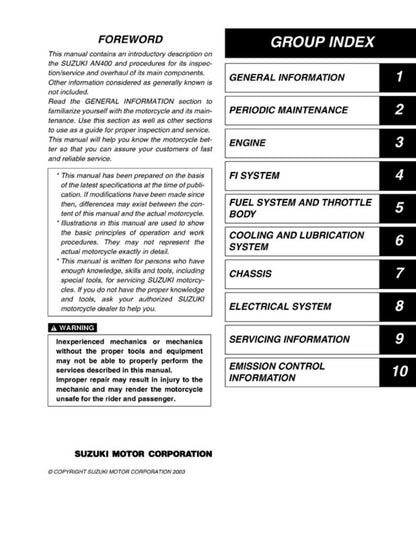Suzuki Burgman AN400 Scooter Service Manual | 2003-2010 - sample page 2