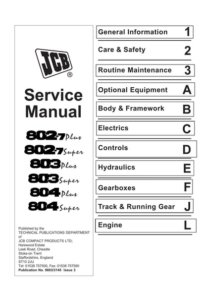JCB 802.7 803 804 Plus Super Mini Excavator Service Manual | 1994-2005 - sample page 1