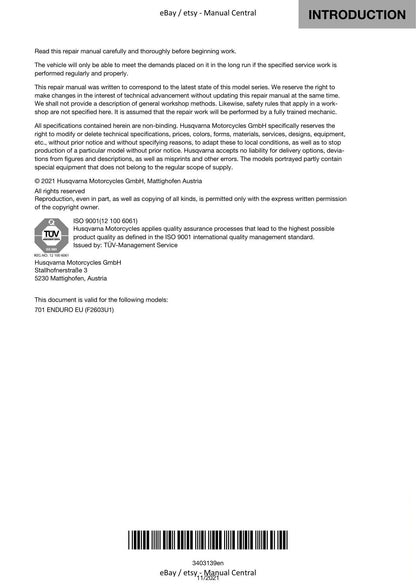Husqvarna 701 Enduro Motorcycle Service Manual | 2021-2025 - sample page 4
