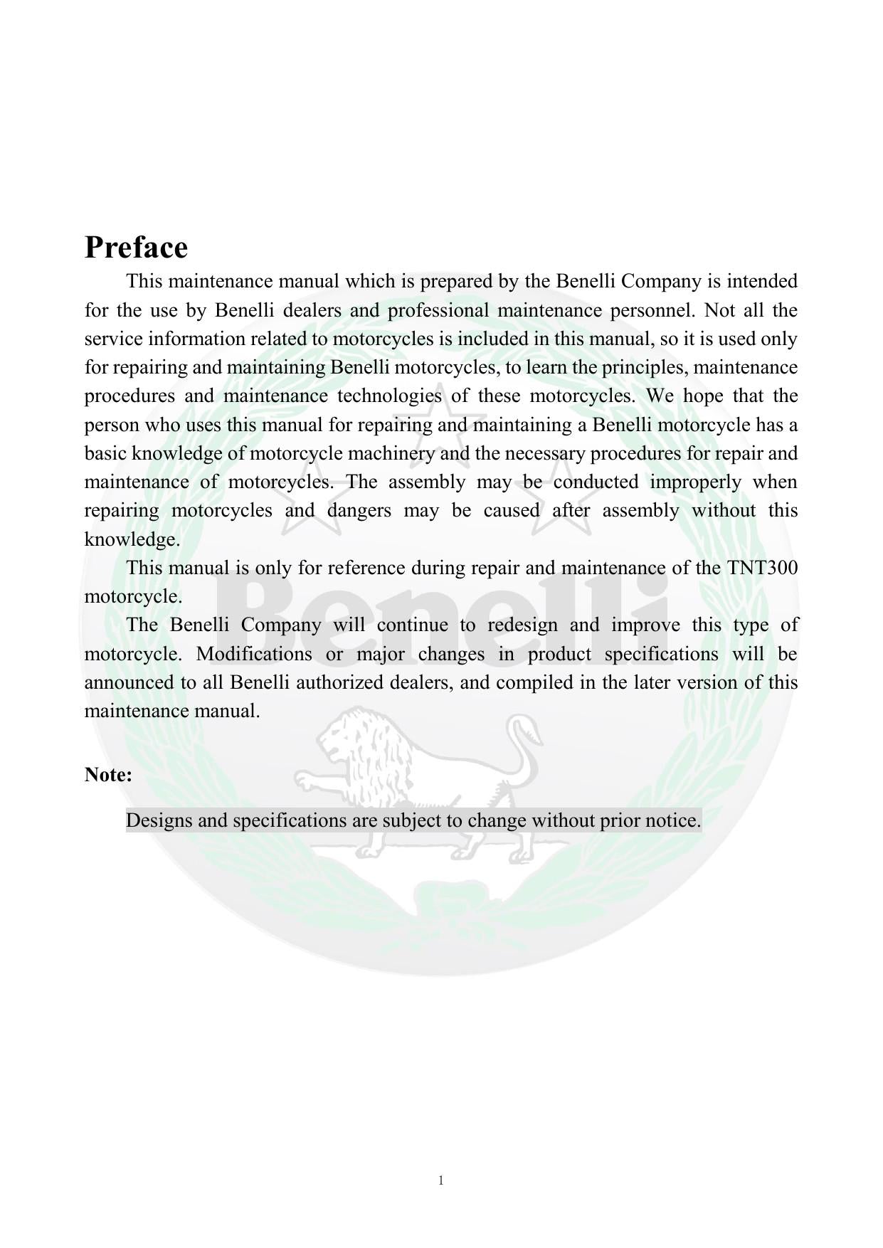 Benelli TNT300 Motorcycle Service Manual | 2015-2019 - sample page 6