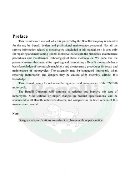 Benelli TNT300 Motorcycle Service Manual | 2015-2019 - sample page 6