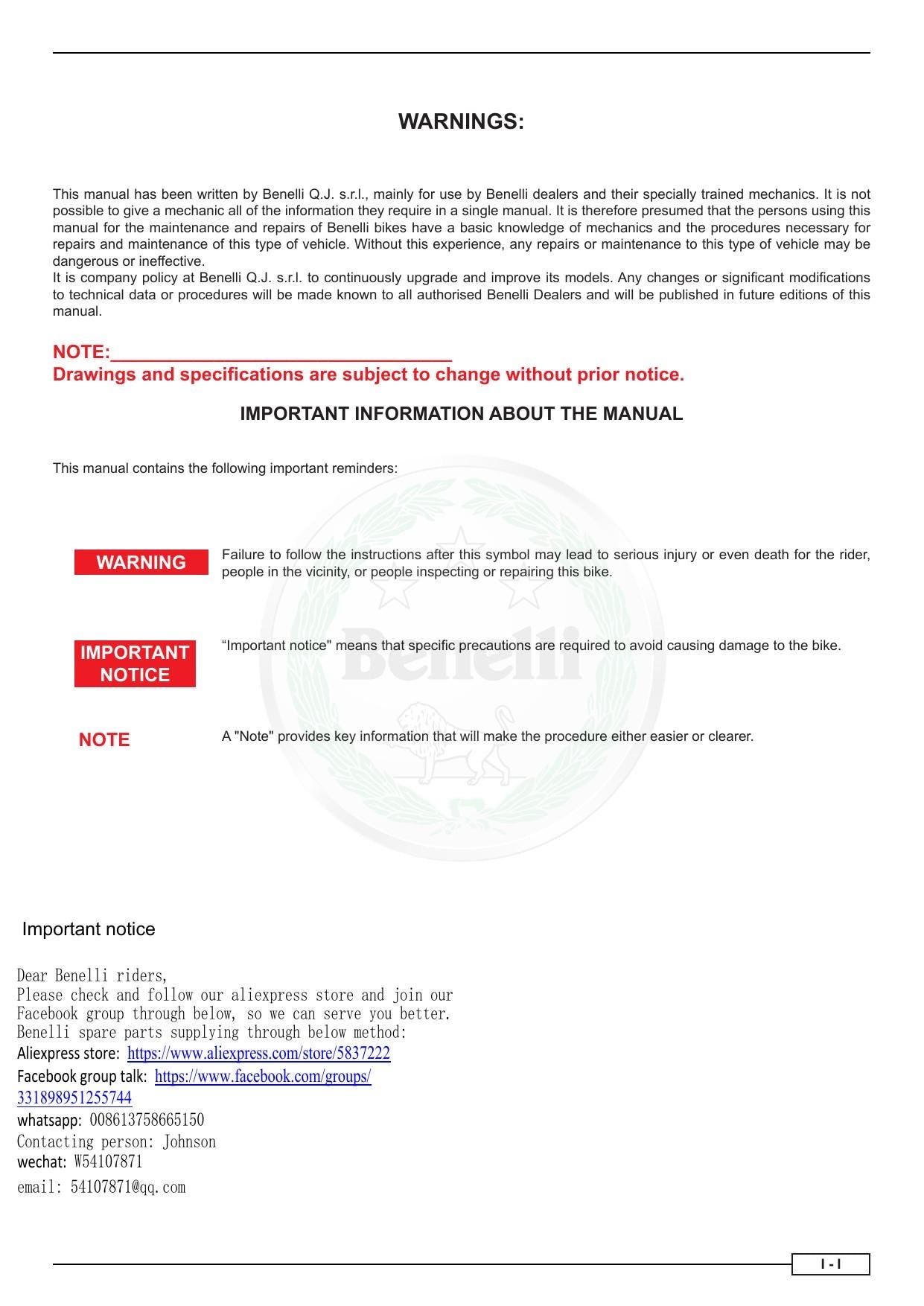 Benelli Leoncino 500 Motorcycle Service Manual | 2017-2021 - sample page 6