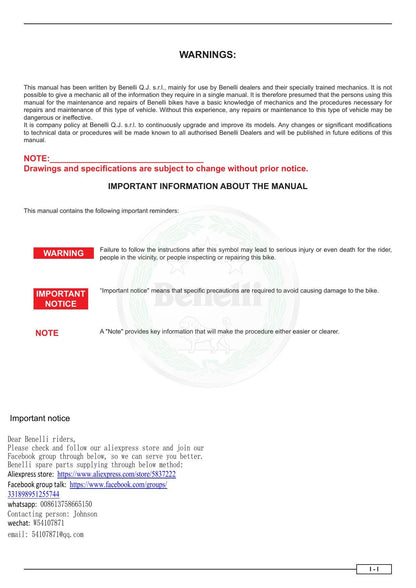 Benelli Leoncino 500 Motorcycle Service Manual | 2017-2021 - sample page 6
