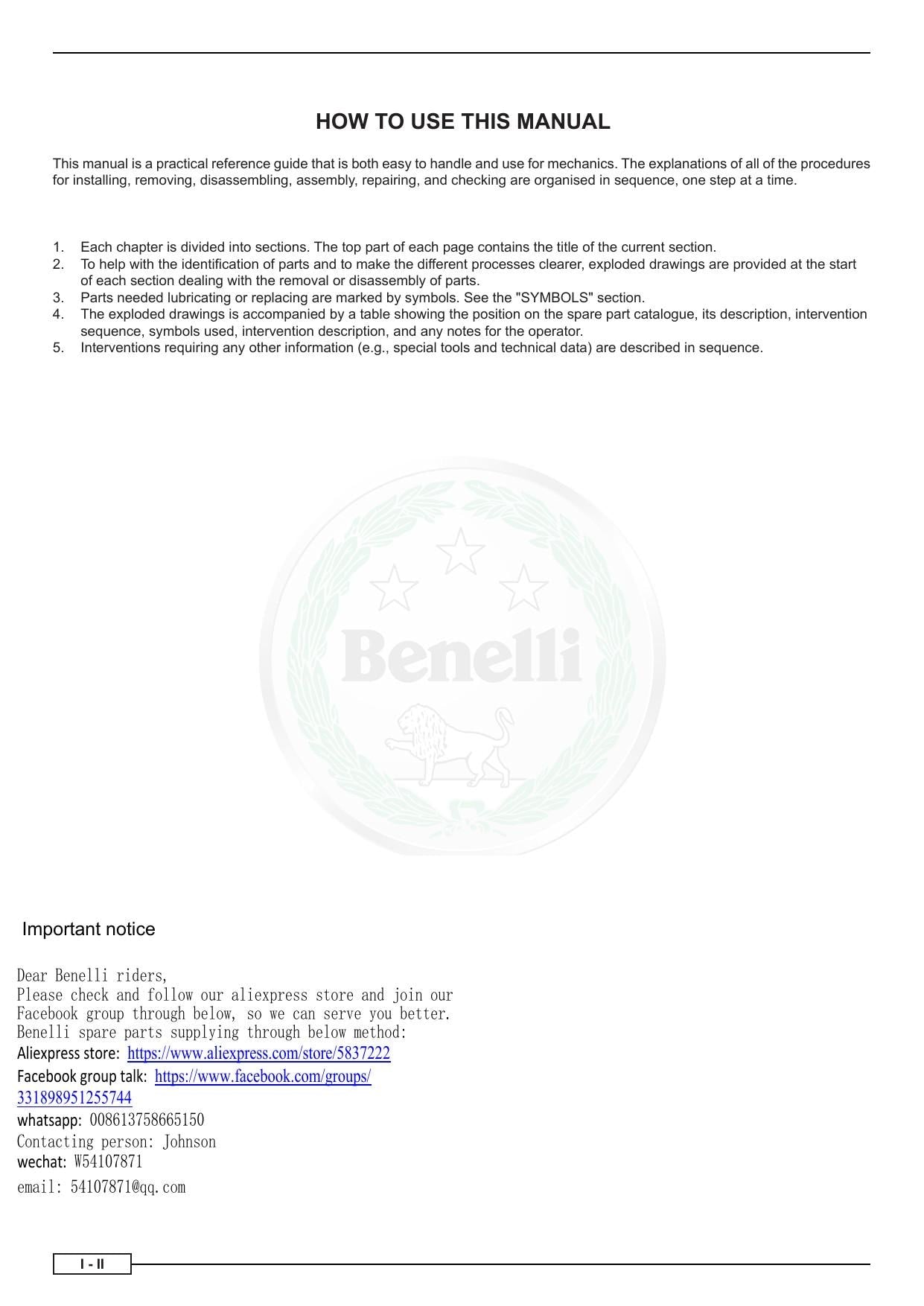 Benelli Leoncino 500 Motorcycle Service Manual | 2017-2021 - sample page 7