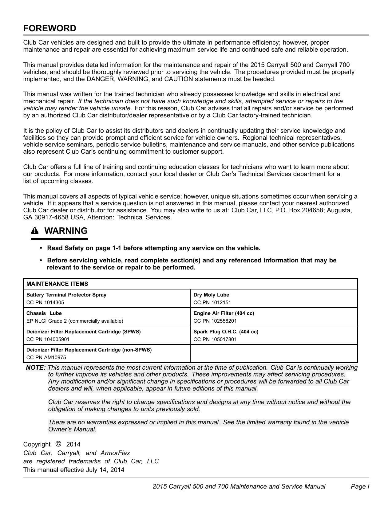Club Car Carryall 500 700 Golf Cart Service Manual | 2015-2019 - sample page 2