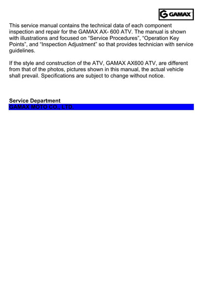 Gamax AX600 600LX ATV Service Manual | 2015-2019 - sample page 2