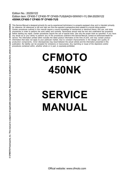 CFMOTO 450NK Motorcycle Service Manual | 2023-2026 - sample page 1