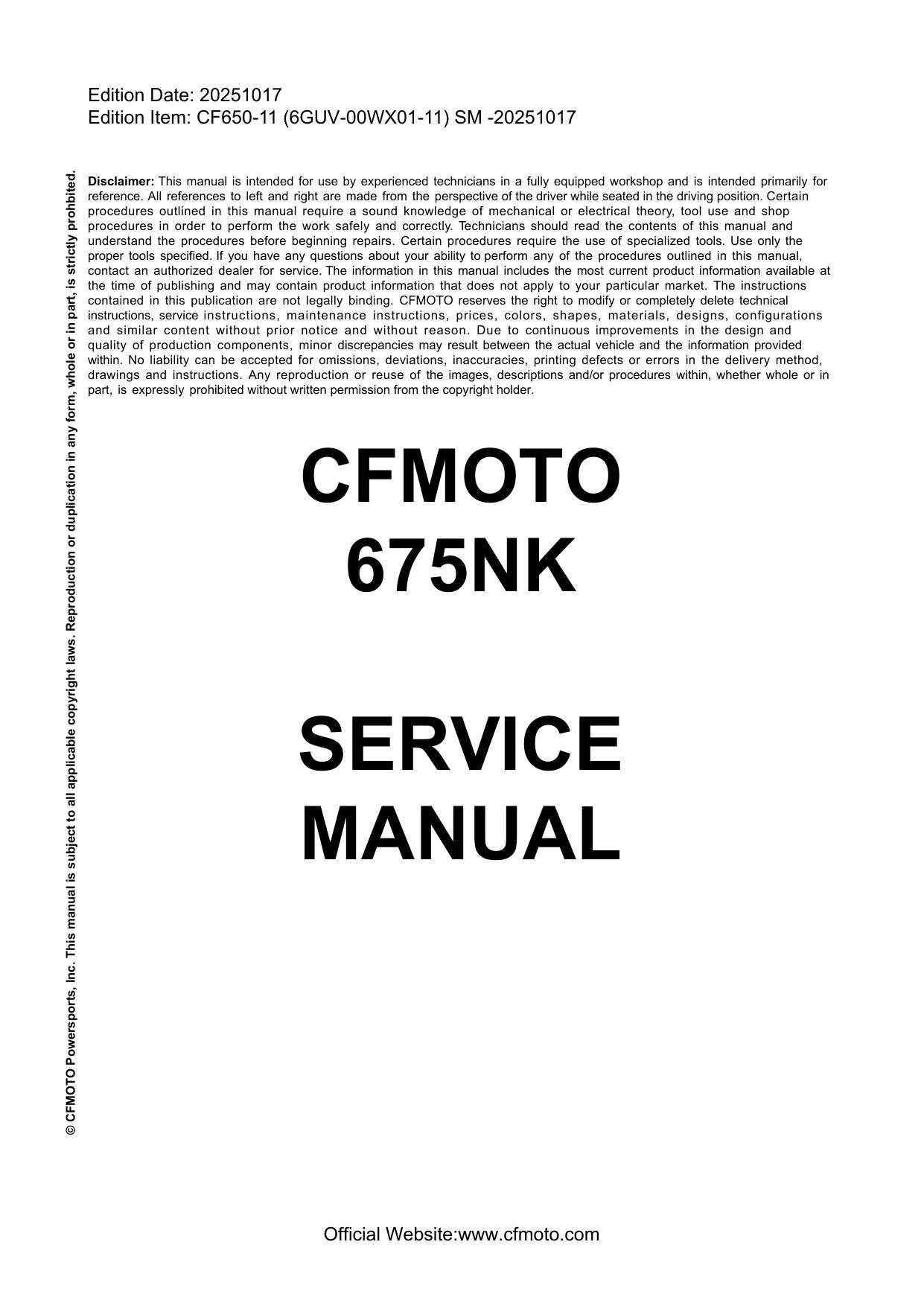 CFMOTO 675NK Motorcycle Service Manual | 2024-2026 - sample page 1