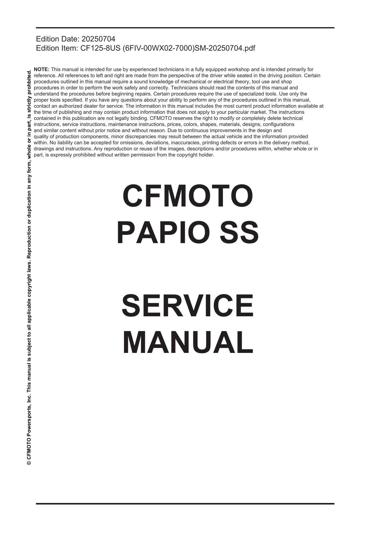 CFMOTO Papio SS 125 Motorcycle Service Manual | 2025-2026 - sample page 1