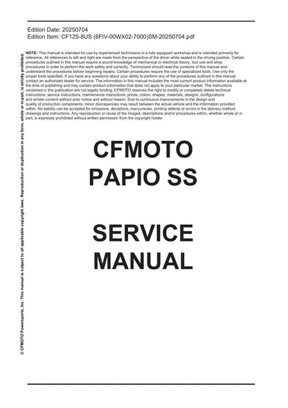 CFMOTO Papio SS 125 Motorcycle Service Manual | 2025-2026 - sample page 1