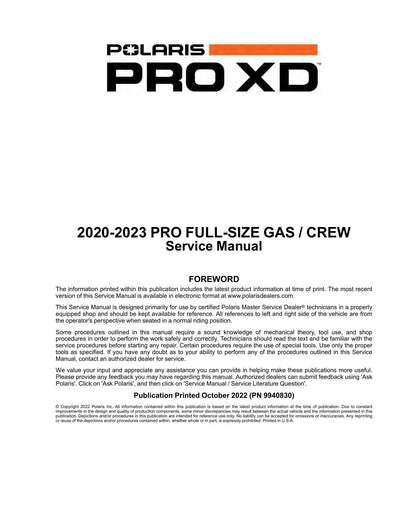 Polaris Pro XD Full-Size Gas Crew UTV Service Manual | 2020-2023 - sample page 1