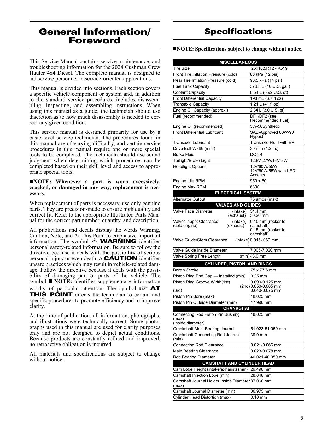 Cushman Hauler 4x4 Crew Diesel Golf Cart Service Manual | 2024-2026 - sample page 7