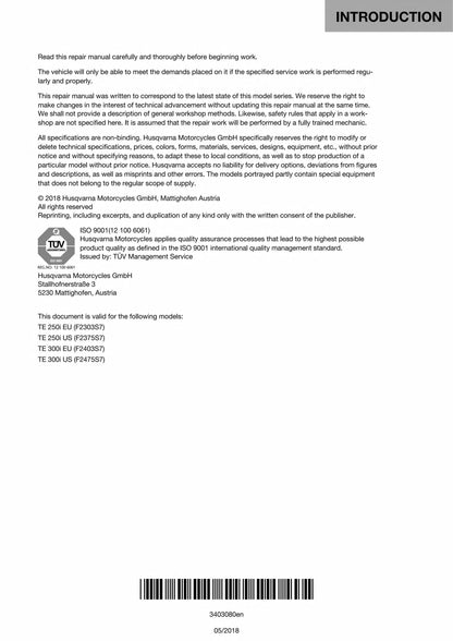 Husqvarna TE 250I 300I Motorcycle Service Manual | 2019-2023 - sample page 6